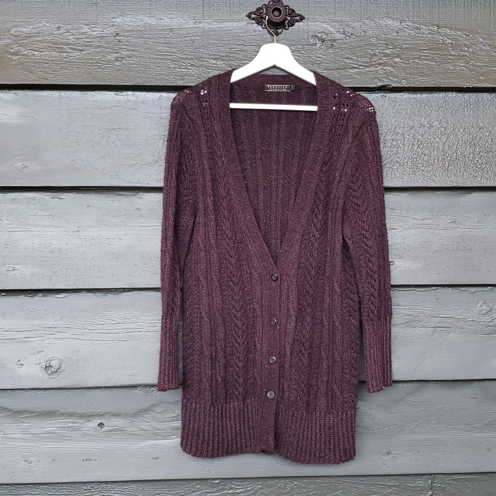 PERUVIAN CONNECTION Alpaca Boyfriend Long Cardigan Sweater Plum sz M Women's - Picture 3 of 9